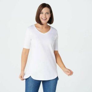 NWT ISAAC MIZRAHI PIMA COTTON V-NECK TULIP HEM TOP BRIGHT WHITE XS